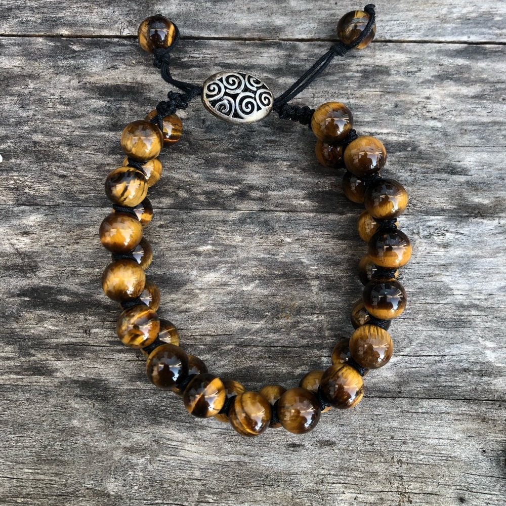 Men's Double Layer Tiger Eye Adjustable Bracelet - Macrame Knotted - Picture 4 of 17